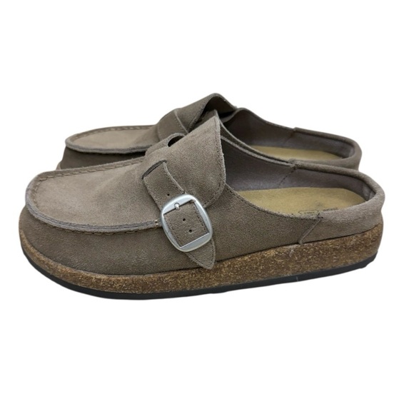 Taupe Suede Cork Bottom Slip-On Buckle Clog Shoes - Picture 2 of 5